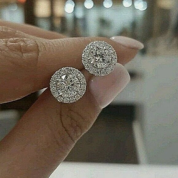 4 Ct Halo Round Cut Stud Earrings 14K White Gold Push Back 8mm main image 3
